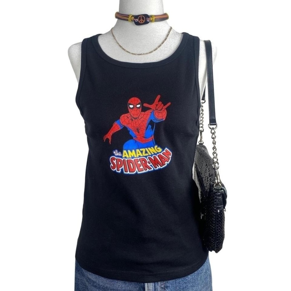 Spider-Man Tank Top Womens Large Black Marvel Comics Ribbed Knit Superhero